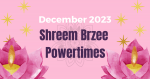 Banner with Light Pink Background and a watercolor lotus flower in each bottom corner - with small white text that says "December 2023" and large dark purple text that says "Shreem Brzee Powertimes"