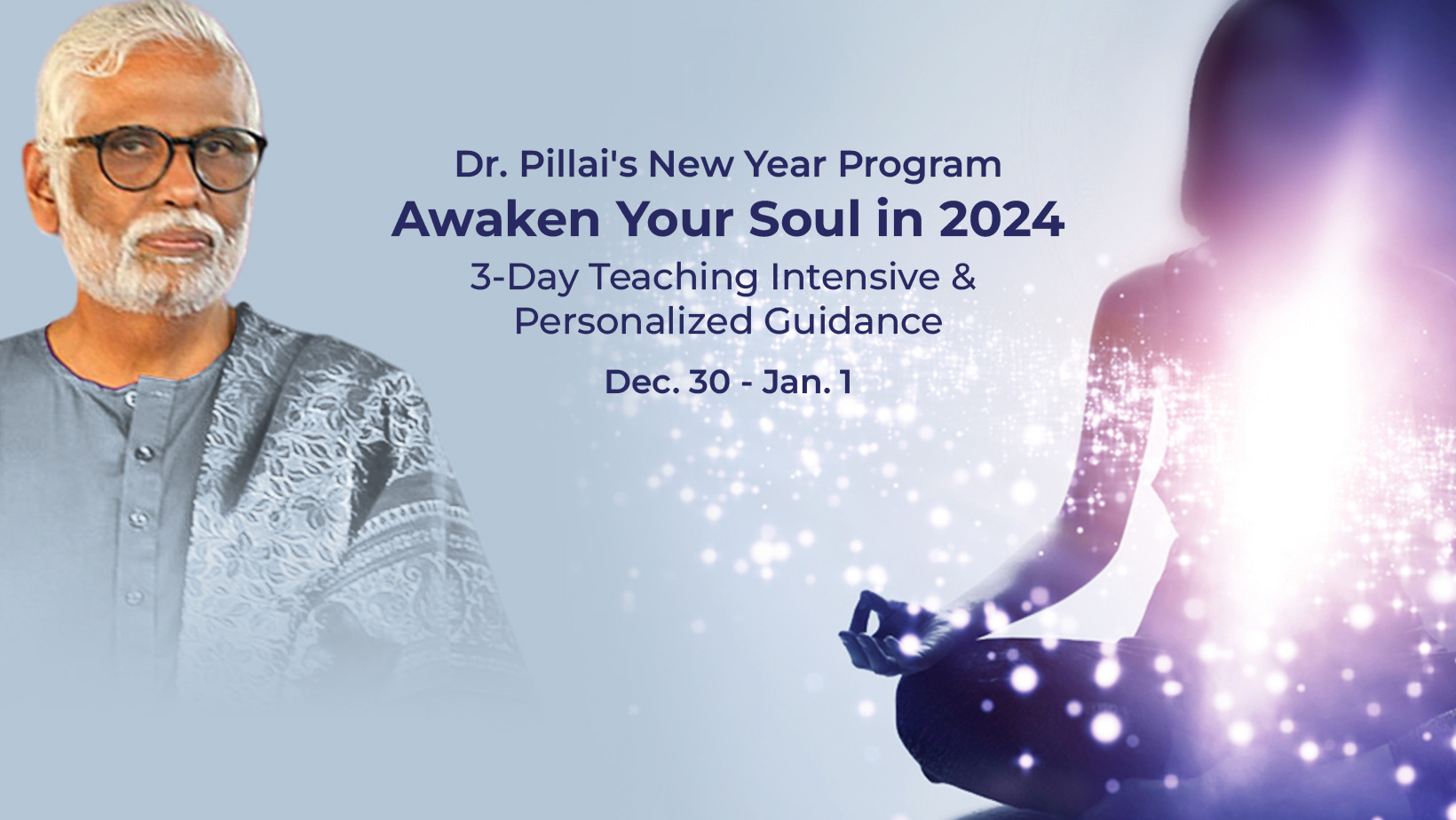 Dr. Pillai's image on a light blue background alongwith a purple meditating human with sparkle.