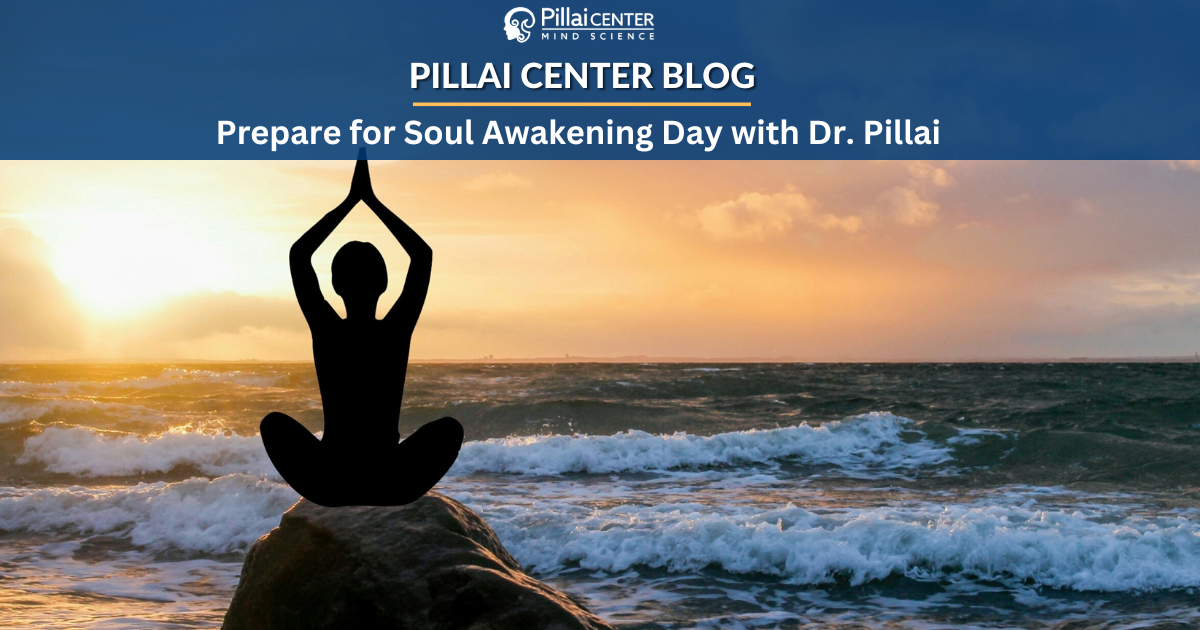 Sea waves with a person sitting on the rock with folded hands. Text on image says Prepare for soul awakening day
