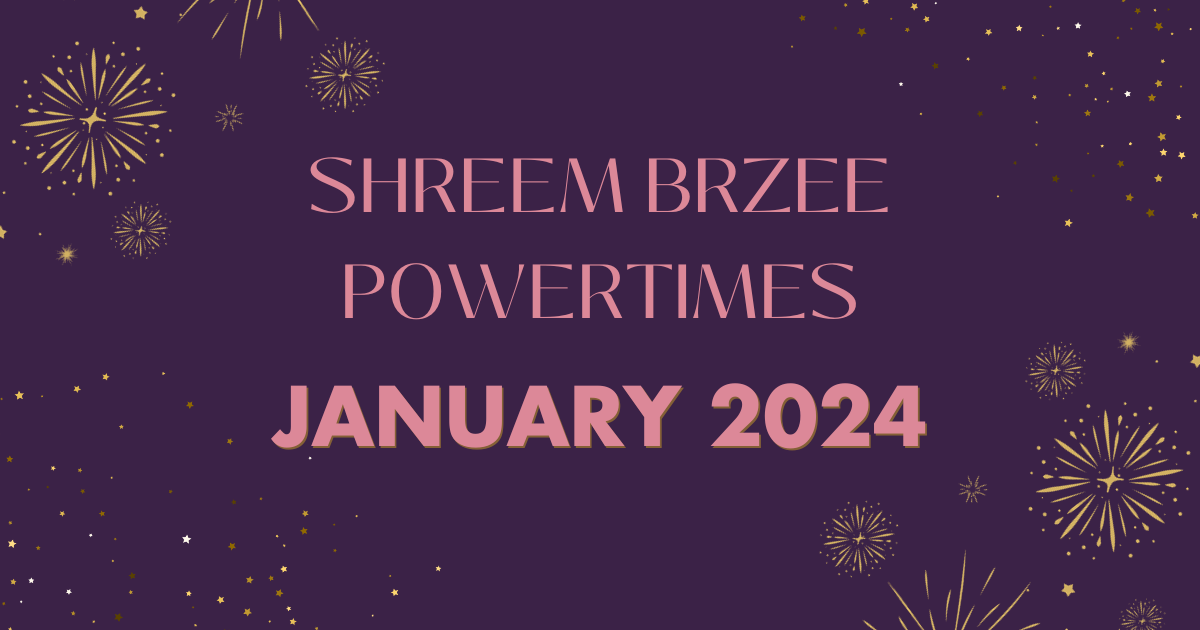 dark purple background with yellow fire work embellishments in the corners. Light Pink text that reads "Shreem Brzee Powertimes January 2024"