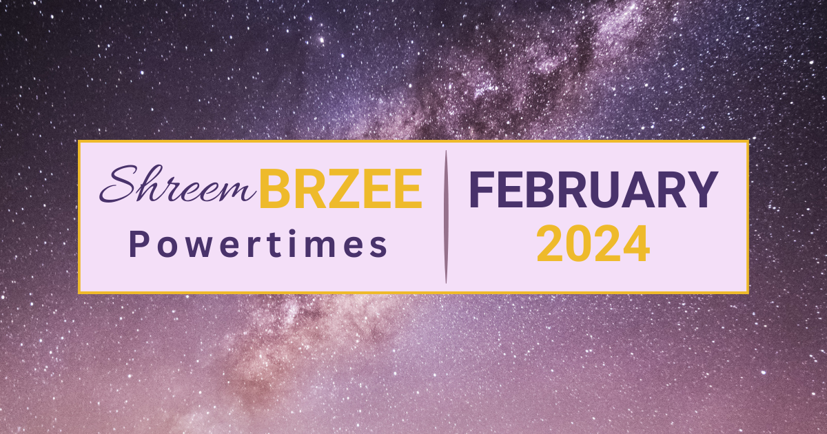 Banner with purple celestial galactic background with light purple inner banner that says "Shreem Brzee Powertimes February 2024 in Dark Purple and Gold Writing