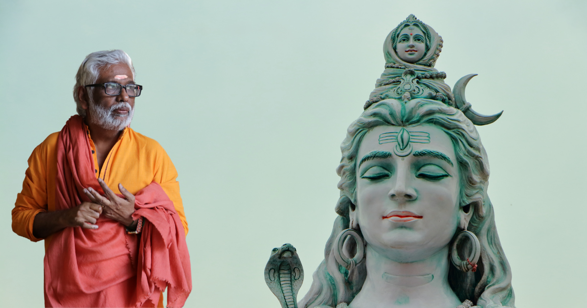 white background with Lord Shiva in grey and DR.Pillai in Oramge