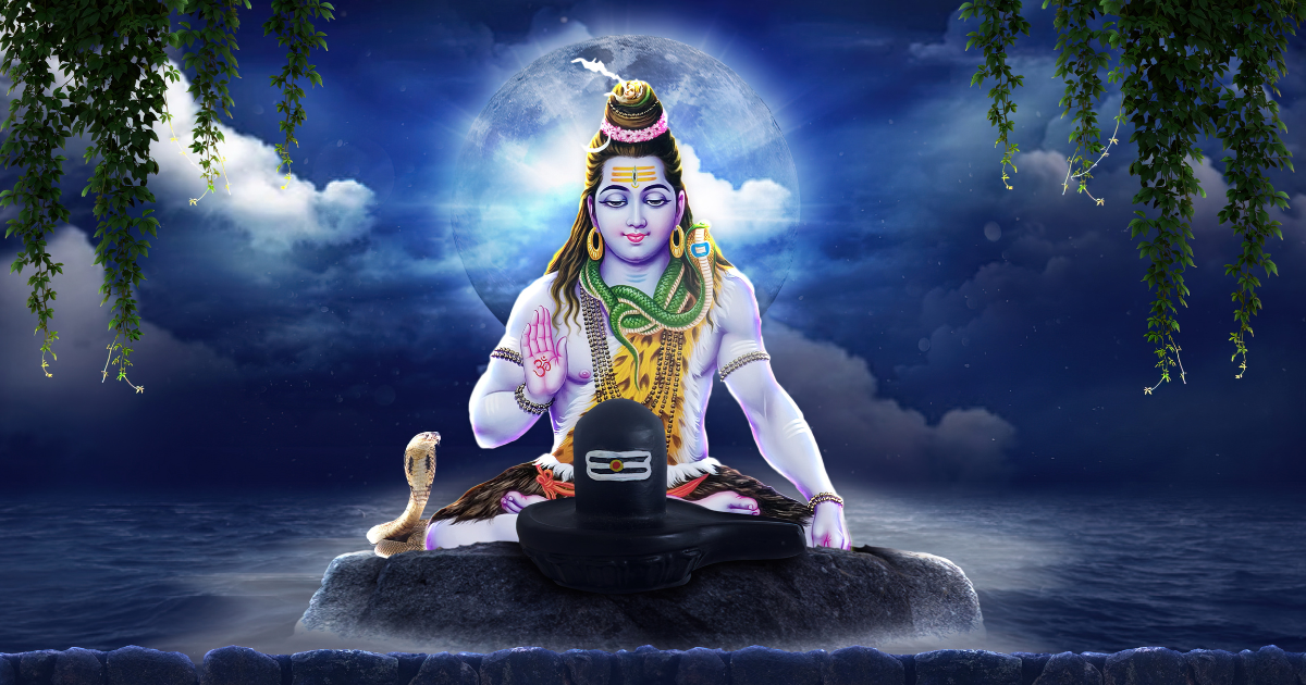 Lord Shiva in white with the Shiva lingam in black and a snake with a blue cloud background and green trees