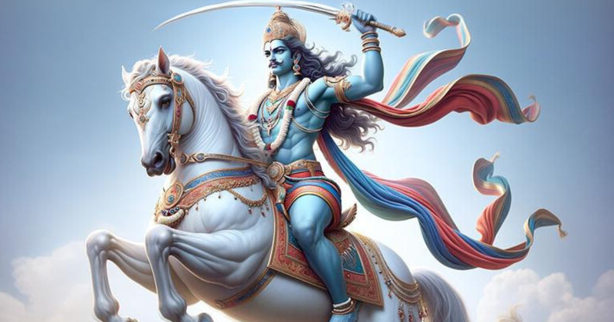 Archetype karuppaswamy on a white riding horse with a sword in his hand