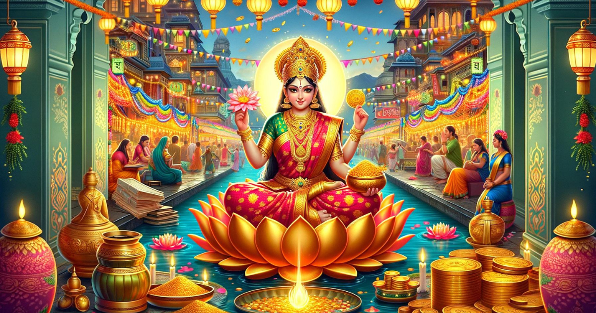 Vibrant and colorful digital illustration for Akshaya Tritiya featuring Goddess Lakshmi in a festive setting.