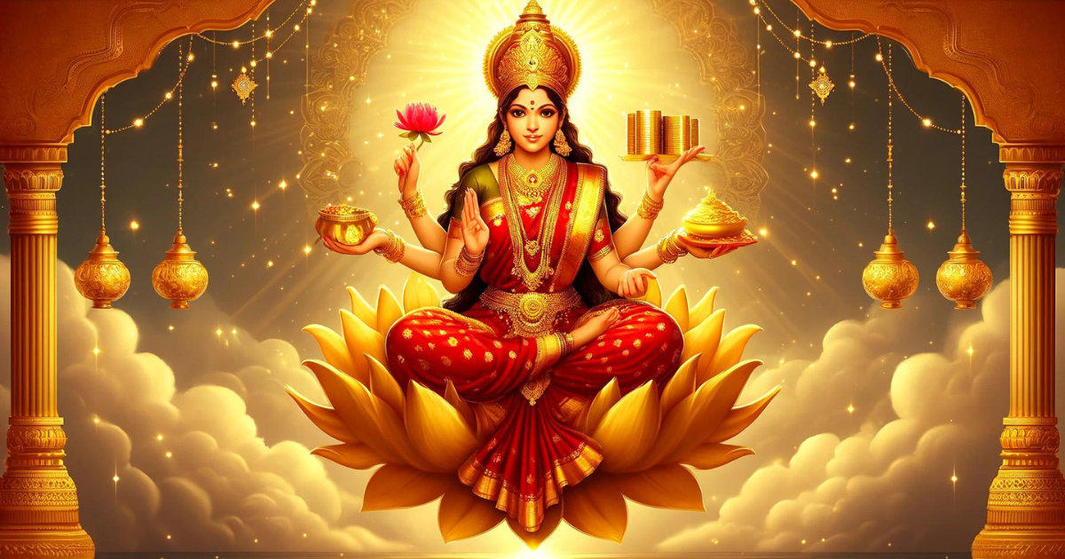 vibrant digital illustration celebrating Akshaya Tritiya with Goddess Lakshmi