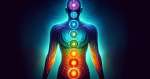 The 7 chakras arranged horizontally along a human silhouette. Each chakra is depicted as a glowing orb with geometric patterns, presented in a minimalist style against a dark background.
