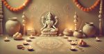 Lakshmi Pooja ritual during Diwali with decorated lamps and offerings.