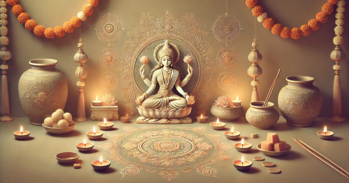 Lakshmi Pooja ritual during Diwali with decorated lamps and offerings.