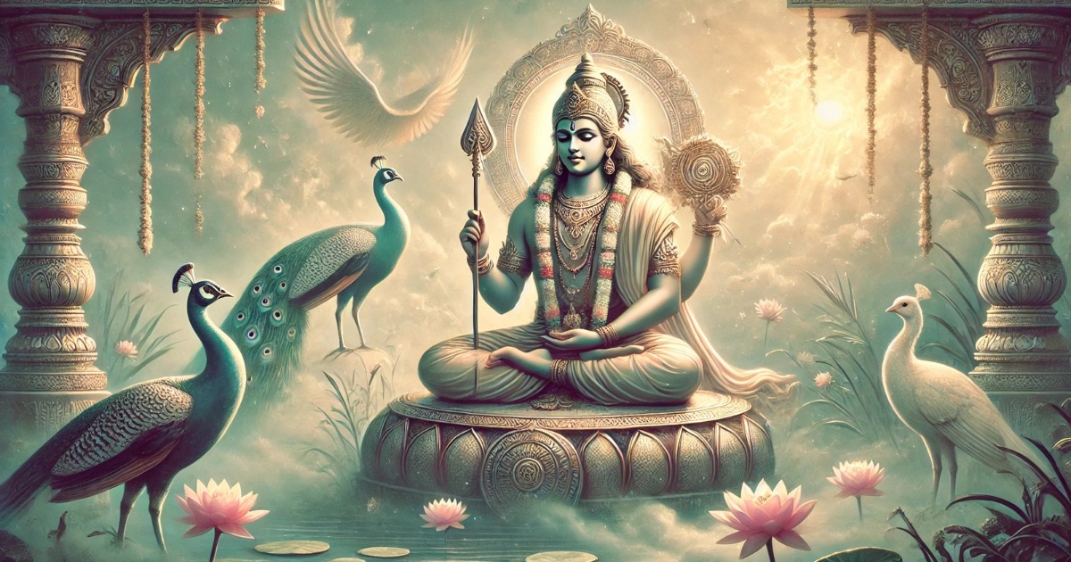 Lord Muruga meditating with vel and peacocks