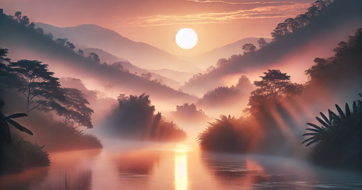 “Experience the serenity of a peaceful sunrise over a misty landscape, bathed in soft pastel hues. This ethereal nature scene evokes renewal, tranquility, and a deep connection with the natural world.”