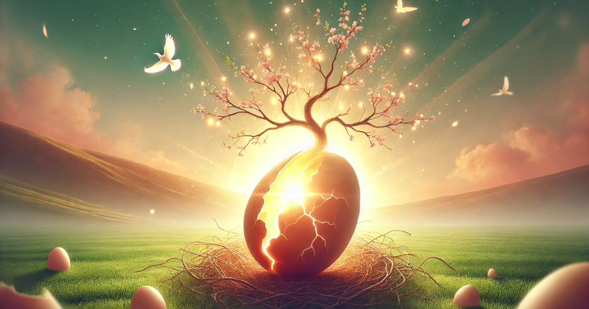 “A serene and symbolic illustration of ‘Birthing a New Beginning,’ featuring a glowing tree emerging from a cracked golden egg, set against a pastel sunrise and soft green fields. A tranquil scene of hope and renewal.”