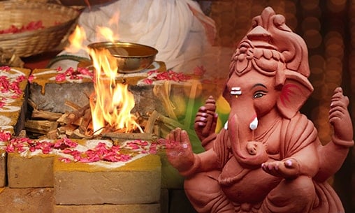 Ganesha Hrudhayam (Armor Invoking Ganesha’s Benevolence) Kavacham Chanting followed by 5-Priest Gaja Mukha Ganesha Fire Lab with Clay Ganesha Visarjanam (Idol immersion)