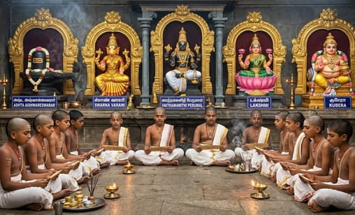 Installation & Pratishta (Infusion of Life) of Nava Dhanya Mahalakshmi Statue with Kum-Kum (Red Vermillion) and Swarna Archana (Pooja With Gold Coins) and Ayutha Nama Archana (10,000 Archana)<br />
at Shreem Brzee Powerspot 